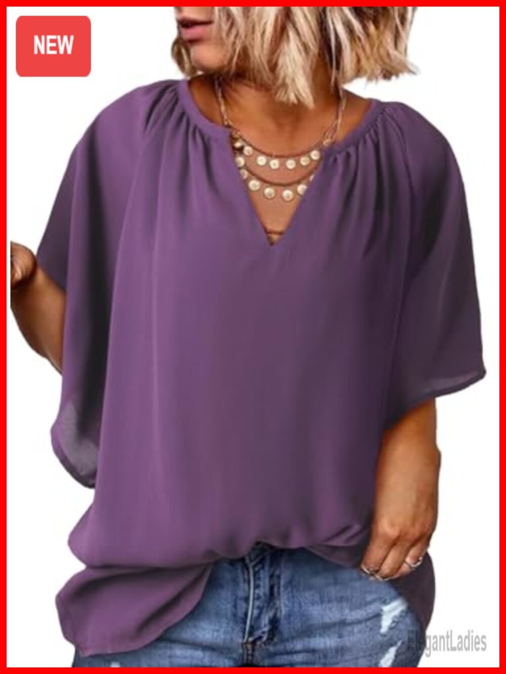 Womens Plus Size Chiffon Blouse V Neck Bell Sleeve Pleated Flowy Top